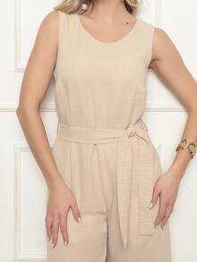 Women's Sleeveless Long Jumpsuit With High Waist Tie Belt And Side Pockets – Elegant And Comfortable - 米色 - 查看 6