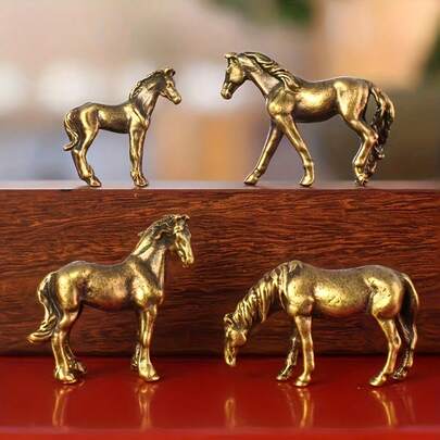 4pcs Champagne-Color Mini Horse Sculptures - Detailed Metal Small Horse Decor For Moss Garden, Fish Tank, Bonsai, Garden Decoration | Detailed Horse Sculpture | Champagne-Color Surface
