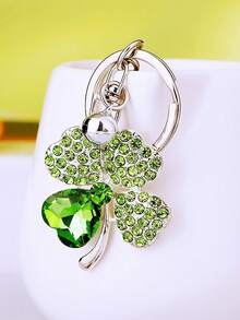 1pc Crystal Four-Leaf Clover Flower Metal Keychain With Rhinestone Decor, Cute Car Keyring Or Purse Charm Business Gift - Multicolor - View 7