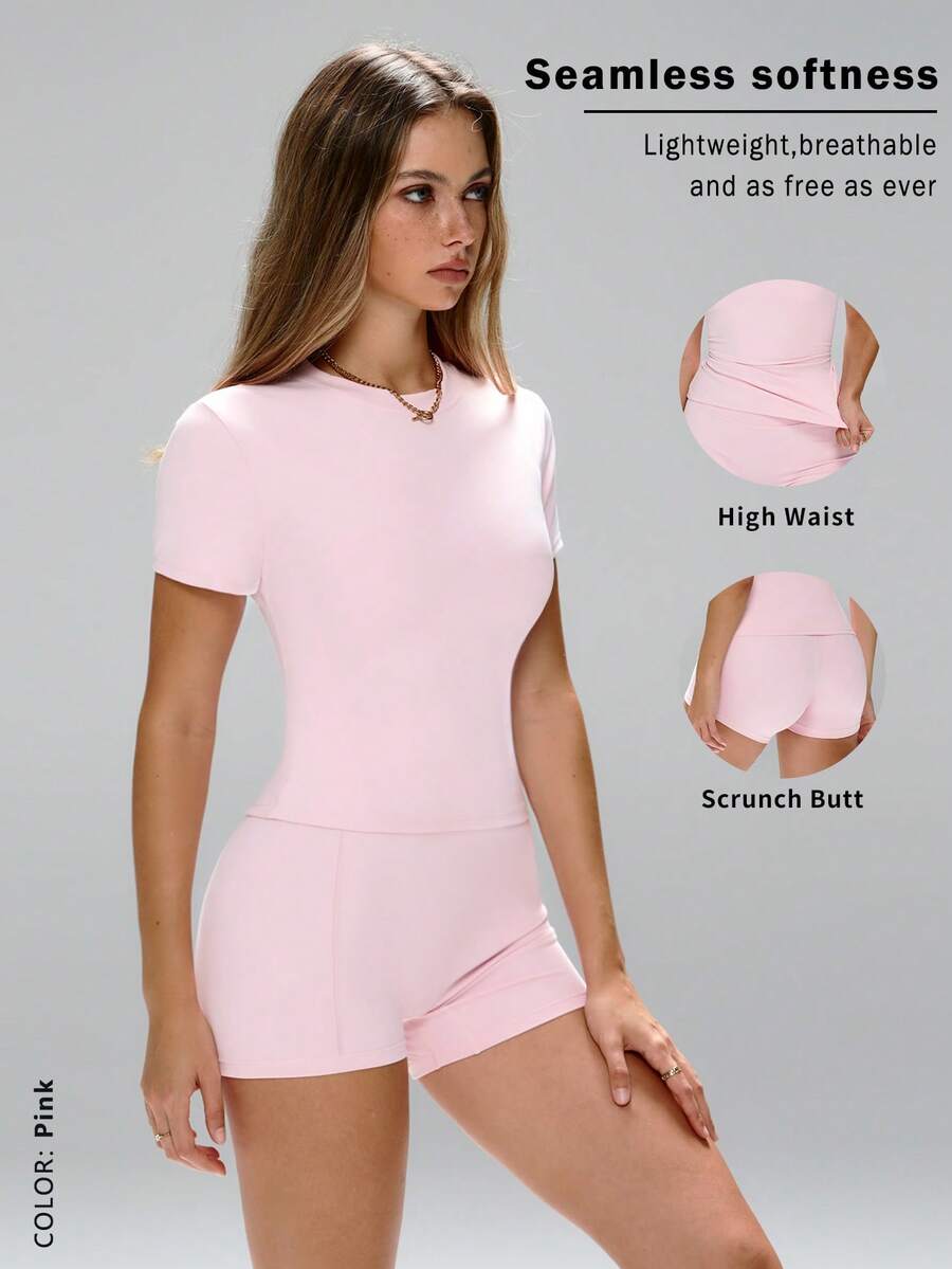 FWH 透气运动两件套：宽松口袋短裤+短款T恤，隐藏式侧袋，四向弹力面料，适合健身/跑步/瑜伽，上学必备 - 女士 - 粉色 - 查看 1