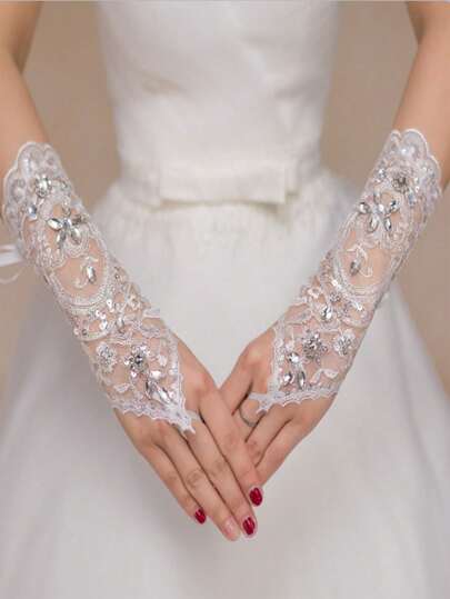 1 pieza Guantes de novia versátiles de encaje y cristal blancos, nuevos guantes de encaje, guantes para vestido de novia, guantes transparentes de malla y perlas de estilo largo para banquete de boda, accesorio de superposición, accesorios de otoño