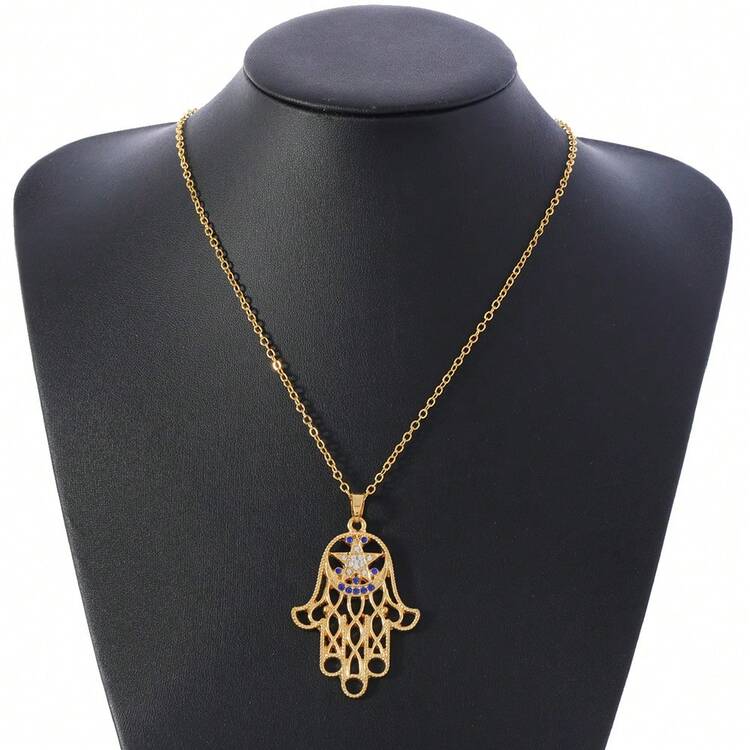 中东风格独特棕榈形蓝色吊坠项链，轻巧奢华锁骨链首饰 - 金色 - 查看 6