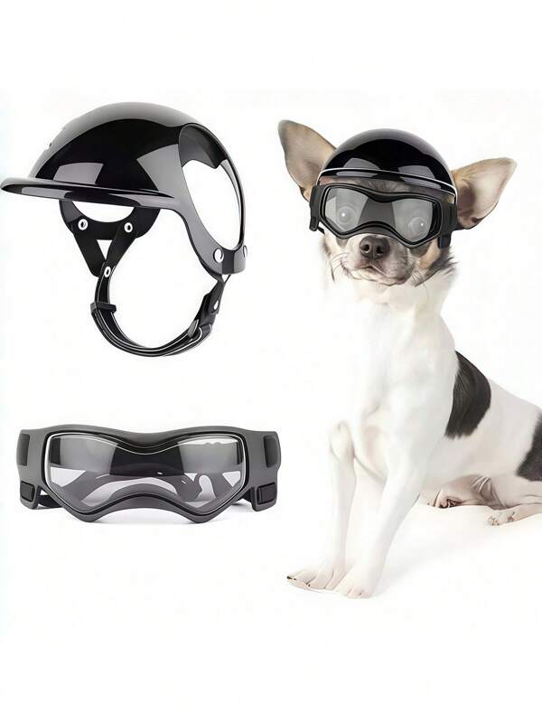 Conjunto de casco y gafas de protección UV para mascotas - Sombrero y gafas de sol para mascotas a prueba de viento, accesorios de casco, sombrero y gafas para perros y gatos para motocicleta y uso al aire libre