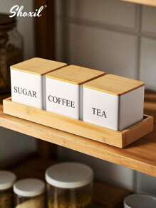 shoxil 3个带竹盖的密封咖啡储物罐 - 方形金属展示罐，适用于咖啡豆、茶叶、零食和干货，厨房橱柜收纳（3件套）
