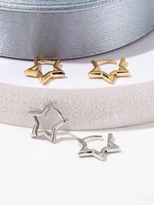 1 Pair Star Shaped Hoop Earrings, Suitable For Women's Daily And Festival Wear - Silver - View 3