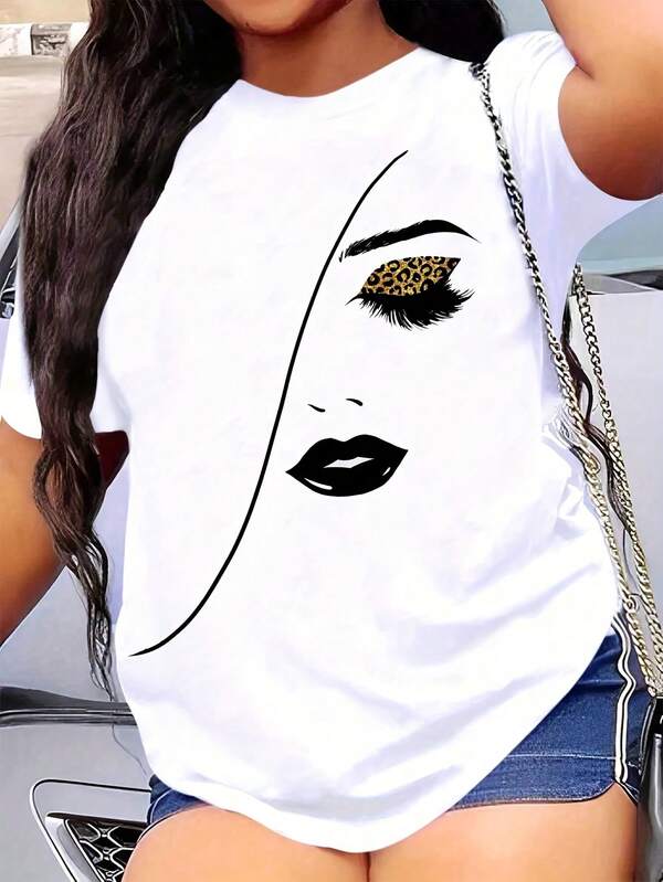CHICLY19 Women's 100% Cotton Leopard Print Eye & Lip Graphic T-Shirt, Minimalist Beauty Face Line Art Print Short Sleeve Crew Neck Tee, Casual Fashion Streetwear Top For Makeup Lovers, Soft Breathable Lightweight Cotton Tee For Daily Wear, Weekend Outings & Casual Hangouts, Plus Size Friendly Glam Fashion Top For Teen Girls & Women, Comfortable Loose Fit T-Shirt For Shopping, Coffee Dates & Everyday Style, Bold Beauty Face Graphic With Leopard Print Eye Detail To Match Denim Shorts & Casual Bottoms, High Quality Pre-Shrunk Cotton Fabric To Avoid Shrinkage, Durable Stitching For Long Lasting Wear, Perfect Gift For Friends Who Love Makeup, Beauty & Leopard Print Fashion