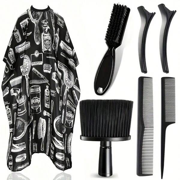 7 pièces Set professionnel de cape de barbier avec brosse à poussière de cou et brosse de barbier, accessoires de coupe de cheveux en polyester pour le salon, le style, le nettoyage, la rentrée scolaire, les vacances, les essentiels de voyage, les accessoires capillaires pour femmes