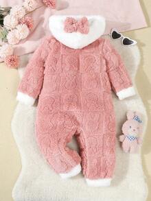 Baby Girls' Hooded Fleece Jumpsuit With Bow Decor, Long Sleeve Jumpsuit For Girls, Autumn/Winter - Pink - View 3