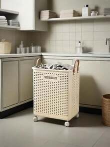 1pc Laundry Basket Cart With Wheels, Foldable Laundry Basket, Large Capacity, Versatile Portable Dirty Laundry Basket, Removable Storage, Suitable For Bathroom, Bedroom Or Laundry Room, Laundry Basket - 奶油色 - 查看 7