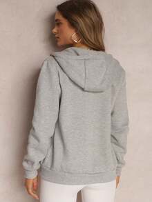 女式纯色长袖拉链前口袋抽绳连帽运动衫 - 灰色 - 查看 3