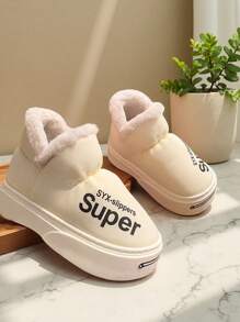 1 Pair Unisex EVA Fluffy Collar Soft Slip-On Design Flat Heel Casual Snow Boots, Suitable For Autumn/Winter