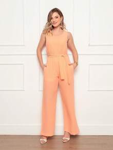 Women's Sleeveless Long Jumpsuit With High Waist Tie Belt And Side Pockets – Elegant And Comfortable - 鮭魚 - 查看 5