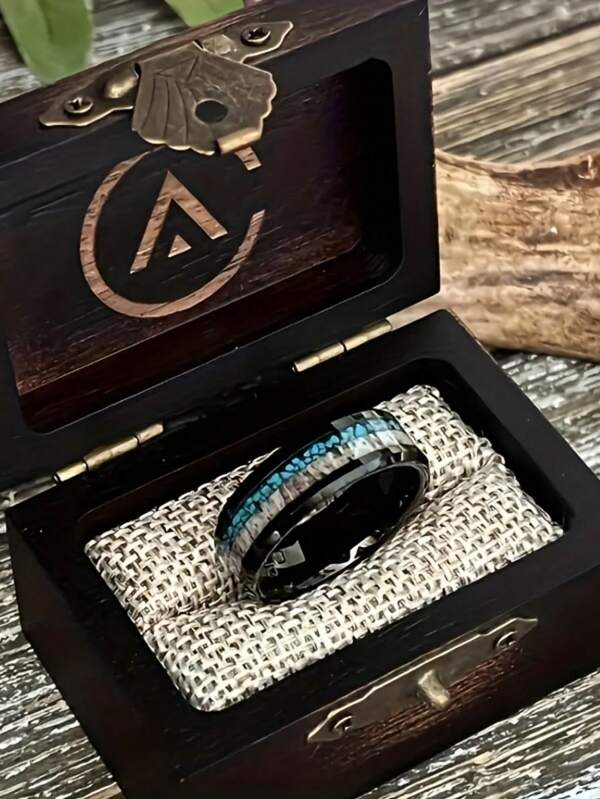 1pc 8mm Men's 201 Stainless Steel Ring With Black Wood And Turquoise - Elegant Modern Design, Durable Non-Plated Metal Ring, Anniversary Gift For Husband, Casual And Formal Jewelry, Layered Rings, Modern Jewelry, High Quality Craftsmanship, For Jewelry Lovers