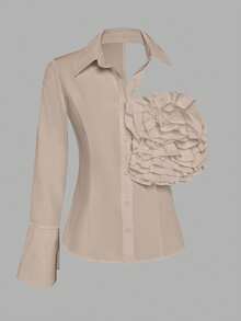 Women's Solid Color Ruffled Elegant Design Blouse Summer - Khaki - View 3