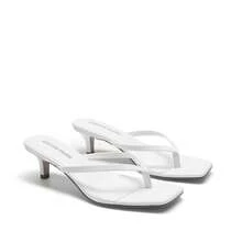 Women Comfortable Kitten Heel Thong Heeled Sandals Fashion Square Open Toe Slip On Casual Slides For Spring Summer Daily Wearing - White - View 10