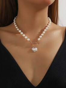 1 件优雅心形珍珠项链，情侣、新娘、婚礼、派对、日常佩戴的珠宝礼物，时尚高端配饰 - 精緻百搭珍珠項鍊 - 查看 1