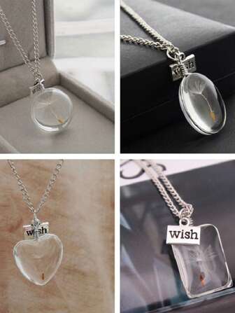 1pc Wish Heart Dandelion Real Dried Flower Pendant Necklace, Ideal Gift For Friends, Girlfriends, Wives, Lovers