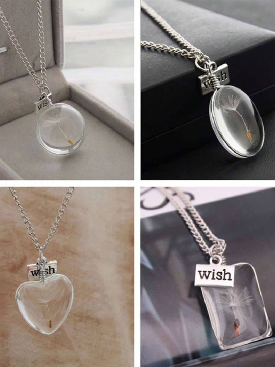 1 件许愿心蒲公英真干花吊坠项链，送给朋友、女朋友、妻子、爱人的理想礼物 - 銀色 - 查看 1