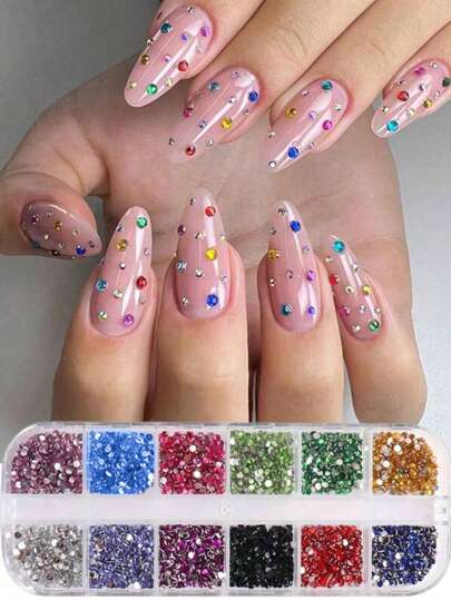 12 Grids Multi-Size Nail Art Rhinestones 3D Acrylic Nail Gems Pendant Pearl DIY Nail Decoration Accessories