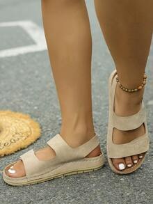 IH2 女士夏季新款纯色边缘钩环手工编织平底凉鞋，百搭休闲度假舒适运动凉鞋 - 杏色 - 查看 5