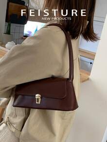 1个复古女士腋下单肩包，PU皮革材质，金属翻盖法棍包 - 咖啡棕 - 查看 3