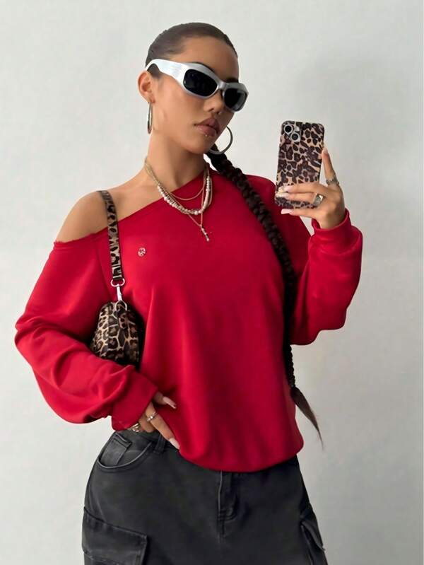 Sudadera casual de mujer de unicolor con cuello asimétrico y manga larga