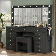 FUSOU 13 Drawers Vanity Desk, Makeup Vanity With Power Outlet, Vanity Table With Mirror And 13 LED Bulbs, 3 Color Lighting Modes, Glass Top, Dressing Table For Bedroom - 查看 3