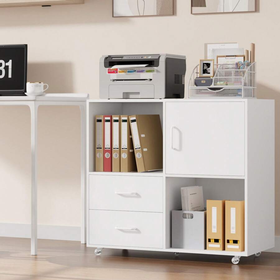 Mobile File Cabinet With Shelves And 2 Drawers, Under Desk Cabinet For A4, Letter-Size Files - White - View 1