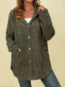 معطف مخطط مخملي بقلنسوة للنساء، خريف/شتاء