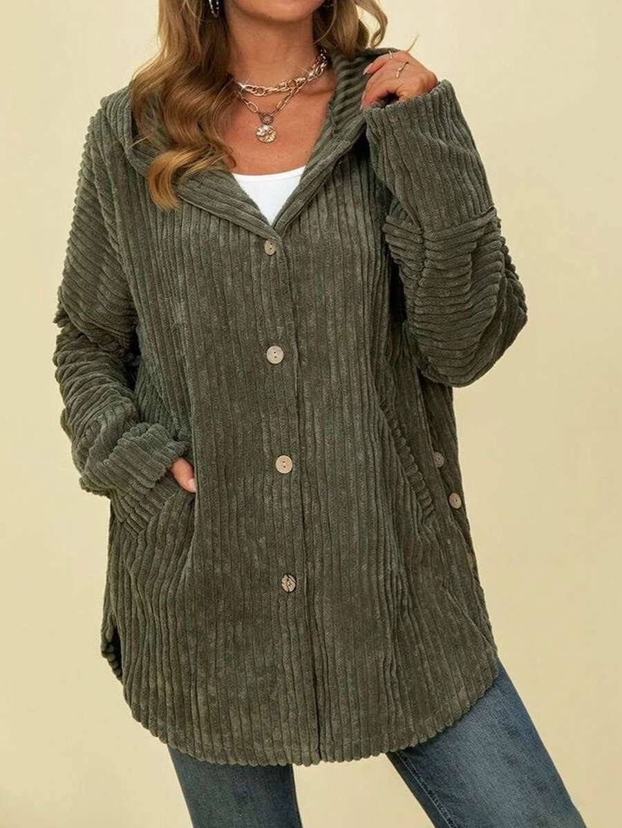 معطف مخطط مخملي بقلنسوة للنساء، خريف/شتاء