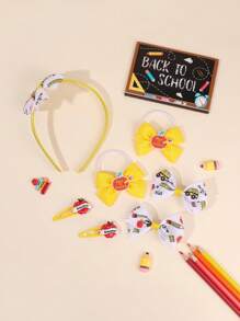 Set da 7 pezzi di accessori per capelli per il ritorno a scuola, con fermagli per capelli in tessuto colorato, lacci per capelli, fermagli a forma di matita e mela, fascia per capelli, forcine, set di accessori per capelli di moda per ragazze, adolescenti, studenti, per uso quotidiano e come regalo