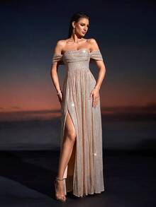 Women's Sexy Off-Shoulder Ruffle Waist Slit Maxi Party Dress, Bridesmaid Dress Women's Elegant Autumn Fashion Long Dress Women's New Year's Eve & Christmas Long Dress - Apricot - View 4