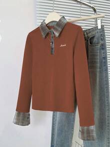 女士二合一格子拼接 Polo 领长袖拉绒修身打底衬衫