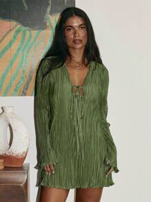 Vestido Curto Feminino de Tricô com Nó na Cintura, Babado na Barra e Cor Sólida, Adequado para Festa, Encontros, Praia, Uso Diário, Casa, Jardim, Estilo de Rua, Primavera, Outono, Inverno