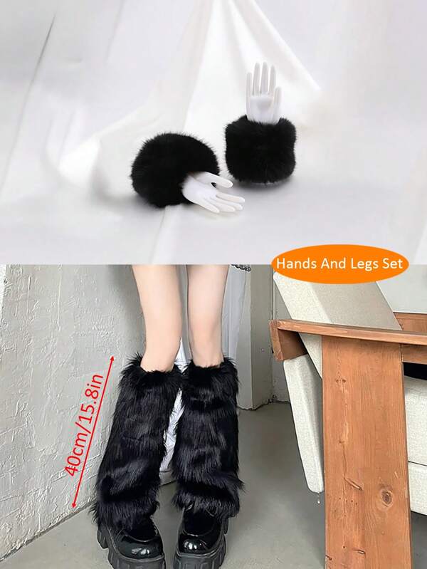 1 Set Y2K Plush Leg Warmers And Faux Fur Short Wrist Cuff In Solid Color, Fashionable Women's Leg Covers And Fluffy Cuff Sleeves For Halloween Daily Wear, Party, New Year Events