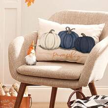 1 pièce Housse de coussin d'automne 12x20 pouces Aquarelle Blanc Bleu Noir Citrouille Housse de coussin d'automne Housse de coussin saisonnière Décoration d'automne pour canapé Simple face sans insert de coussin - Bleu azur - Voir 4
