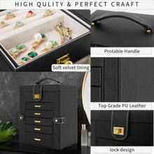 Caja de joyería de gran capacidad y multicapa de PU, organizador de tocador multifuncional, adecuado para collares, aretes, anillos, pulseras, relojes, lápices labiales, almacenamiento de cosméticos diarios, bolsa de viaje para joyas, esenciales de viaje, accesorios de viaje, bolsa de viaje, vacaciones, regreso a la escuela, cosas de la escuela, caja de joyas, organizador de joyas
