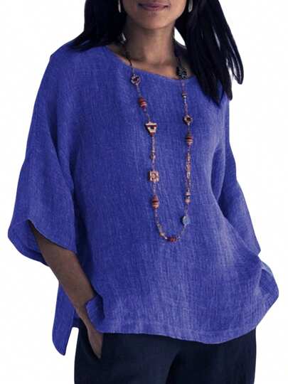 Women Fashion Casual Shirts Solid Color 3/4 Sleeve Round Neck Blouses Summer Loose Tops Streetwear