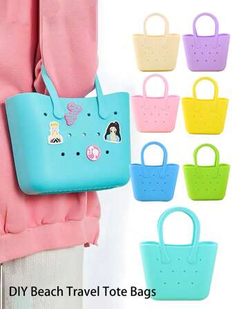 1pc Silicone Solid Color Flower Hollow DIY Detachable Handbag, Waterproof Washable Tip Proof Durable Open Tote Bag For The Beach Travel Tote Bags Luggage