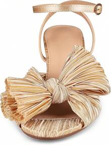 Womens Heeled Sandals Pleated Bow Knot Ankle Strap Open Toe High Block Chunky Heels Sandals Bridal Wedding Dress Shoes Pumps - A金(3.14吋) - 查看 10