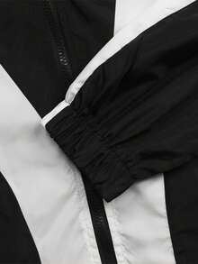 2pcs Set Woven Patchwork Loose Casual Sports Top Jacket With Zipper Pockets And Wide Leg Pockets Pants Suit Black Vacation Spring - Black - View 5
