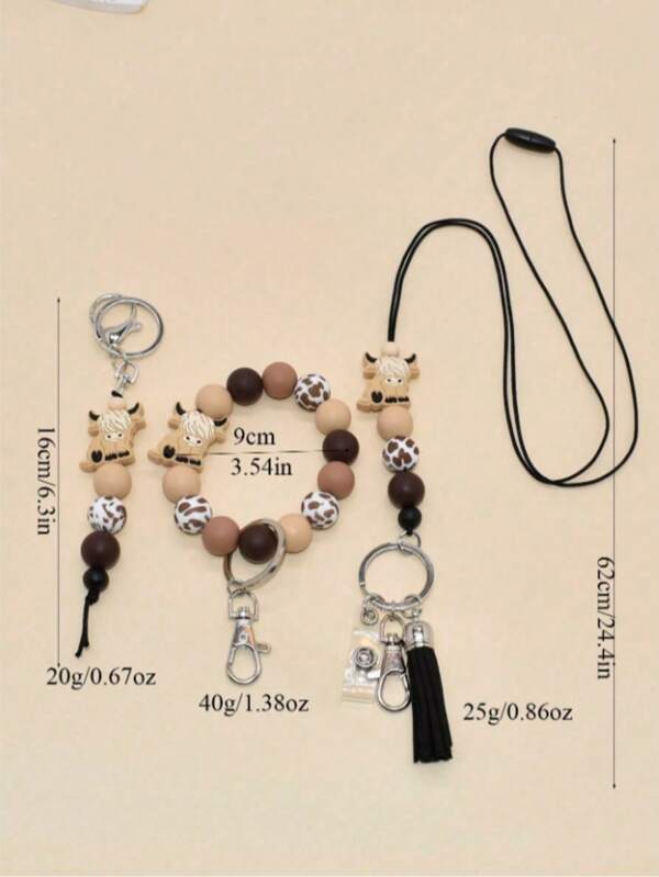 3pcs/Set Cow Head Silicone Cow Bead Keychain Wristband Lanyard Design, Gift For Women, Car Accessories, Bag Charm, Perfect Present For Back To School, Mom