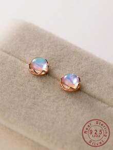 1 Pair Creative S925 Sterling Silver Moonstone Stud Earrings, Simple & Fashionable Jewelry Accessories, Gift For Friends, Birthday - Round - View 1