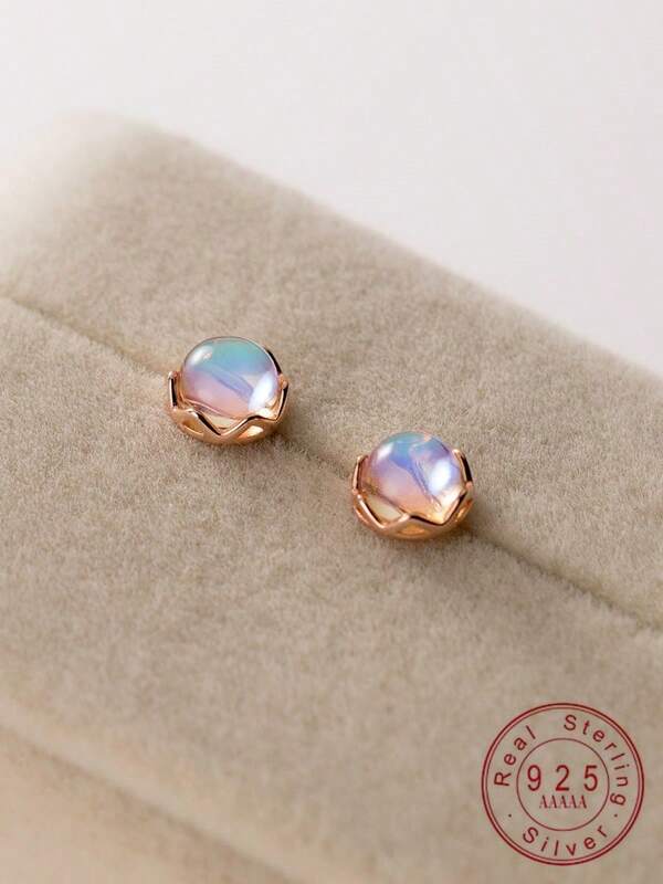 1 Pair Creative S925 Sterling Silver Moonstone Stud Earrings, Simple & Fashionable Jewelry Accessories, Gift For Friends, Birthday