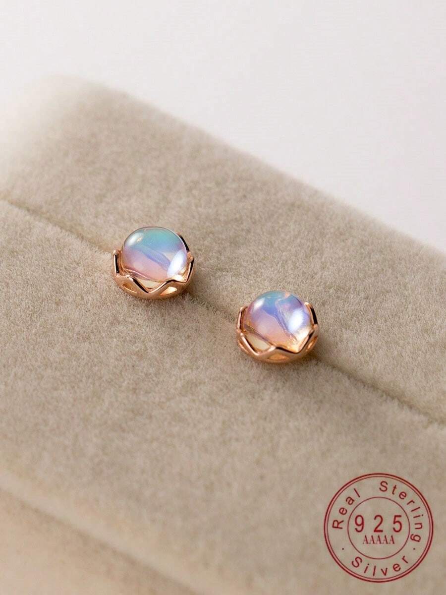 1 Pair Creative S925 Sterling Silver Moonstone Stud Earrings, Simple & Fashionable Jewelry Accessories, Gift For Friends, Birthday - Round - View 1