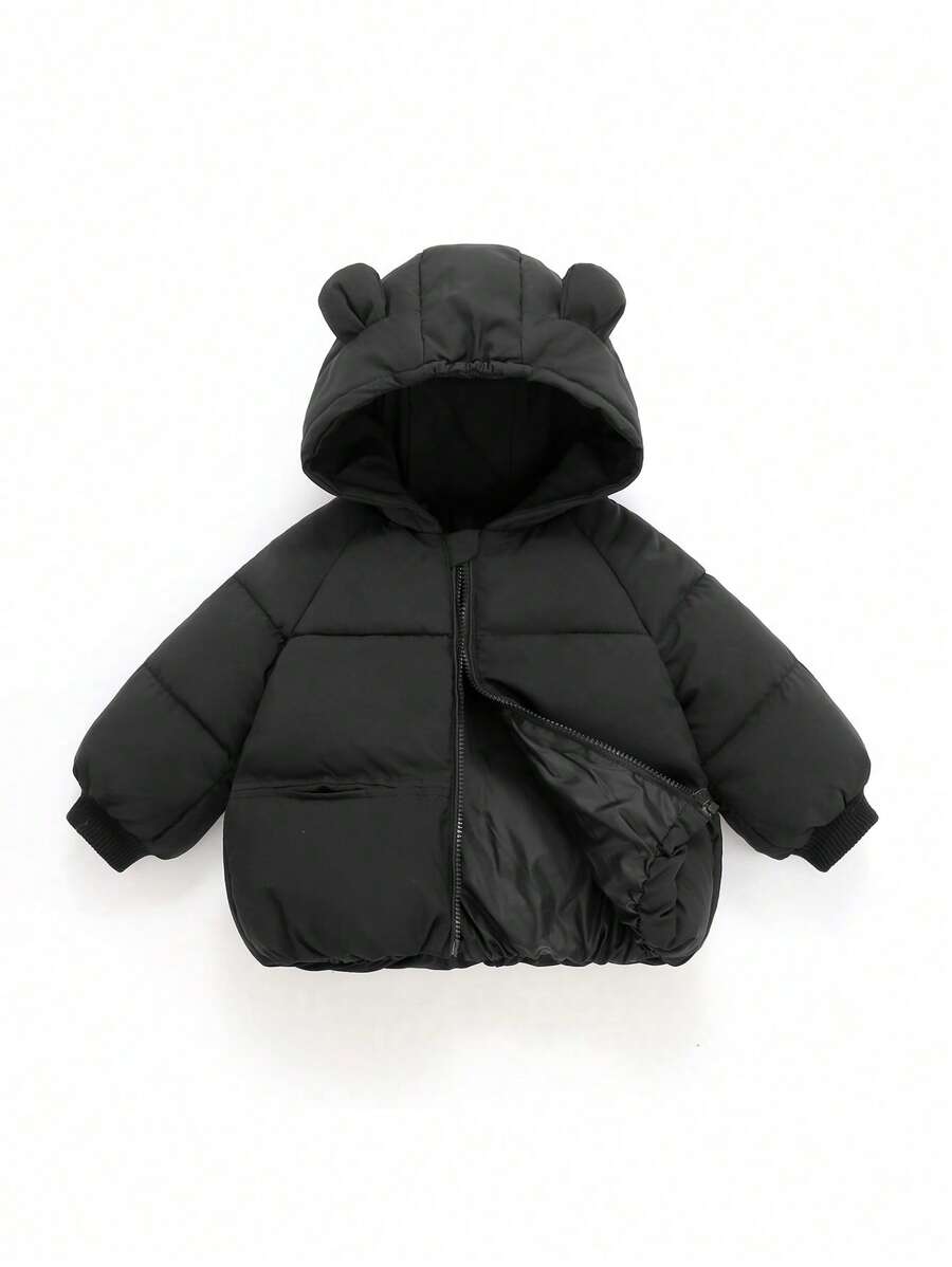 少女3D耳朵设计插肩袖连帽冬季棉服外套 - 黑色 - 查看 1