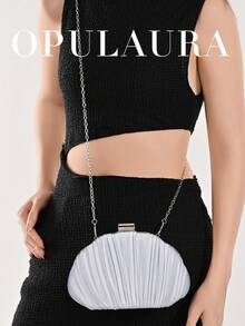 OpulAura 女士优雅/奢华褶皱缎面盒状手拿包，浪漫婚礼手提包，别致礼服钱包，简约杏色盒状包，配有可拆卸链条，适合作为节日礼物 - 銀色 - 查看 9