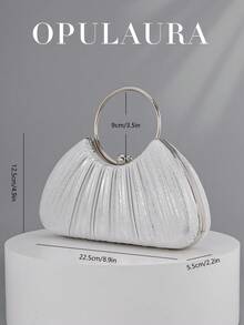 OpulAura 女士金属魅力晚宴包，奢华皮革手拿包，适合宴会、庆典、舞会、婚礼、伴娘、生日礼服配饰 - 銀色 - 查看 3