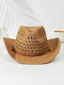 1pc Unisex Solid Hollow Out Cowgirl Hat Sun Hat Wide Brim Handmade Sun Visor Windproof Rope Cowboy Hat Perfect Beach Hat Straw Hat For Outdoor - Multicolor - View 8