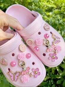 18pcs Pink Ballet Angel, Rose, Heart, Flower, Pearl Round Bow, Glitter Butterfly Detachable Decorative Accessories, Suitable For Sandals, Slippers, Clogs, Garden Shoes, Beach Shoes, All Season, Great Gift